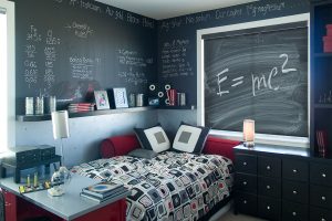 math blackout roller custom graphic shades in a kids bedroom